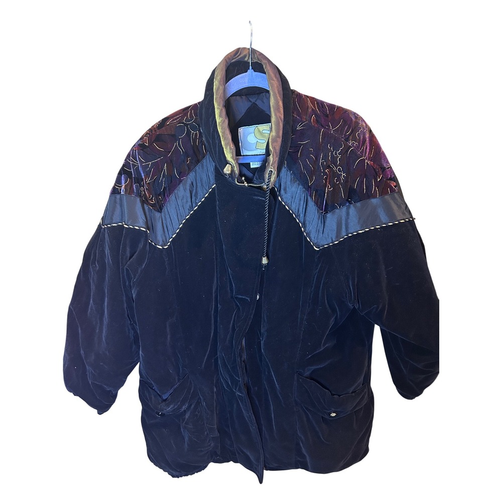 Current Seen Velvet Bomber Jacket Womens Large Black Purple‎ Vintage 80s Quilted